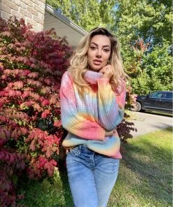 MY Smaibulun | Tie-Dye Turtleneck Bat-Sleeve Sweater - Pink Yellow Want.Need.Love