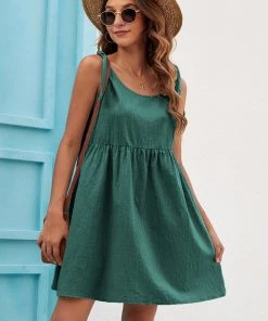 BBYS Tie-Bow Strap Side Pocket Linen Shift Dress - Green New In Clothing