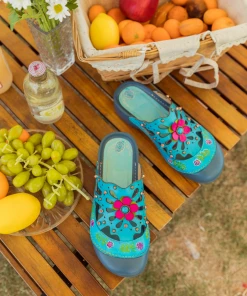 NEW ARRIVALS SOFFIA | Turquoise Floral-Applique Cutout Leather Sandal