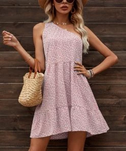 BBYS Floral One-Shoulder Casual Dress - Pink