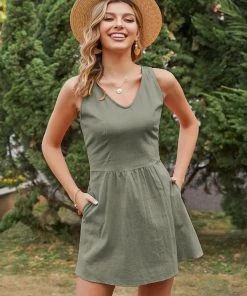 BBYS Pocket Sleeveless Linen Open Back Dress - Khaki