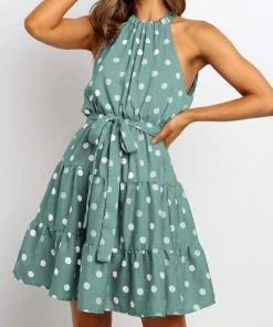 BBYS Polka Dot Tie-Waist Halter Dress - Green