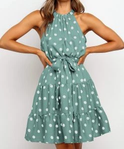 BBYS Polka Dot Tie-Waist Halter Dress - Green