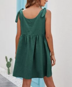 BBYS Tie-Bow Strap Side Pocket Linen Shift Dress - Green New In Clothing