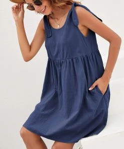 BBYS Tie-Bow Strap Side Pocket Linen Shift Dress - Navy New In Clothing