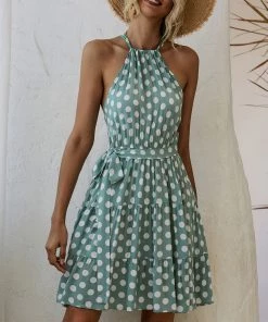 BBYS Polka Dot Tie-Waist Halter Dress - Green