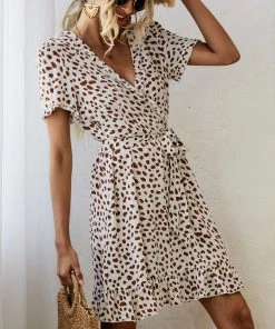 BBYS New In Clothing Abstract Polka Dot Tiered Ruffle Wrap Dress - Beige