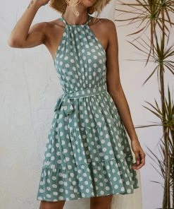 BBYS Polka Dot Tie-Waist Halter Dress - Green