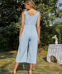 BBYS New In Clothing Tie-Bow Strap Sleeveless Linen Jumpsuit - Blue