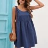BBYS Tie-Bow Strap Side Pocket Linen Shift Dress - Navy New In Clothing