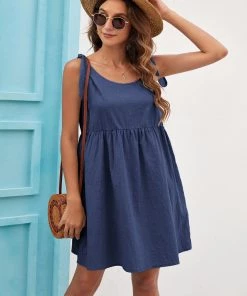 BBYS Tie-Bow Strap Side Pocket Linen Shift Dress - Navy New In Clothing