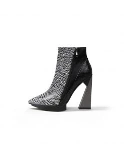 Jady Rose New In Shoes JadyRose | Black White Flakes Block Heel Zip Genuine Leather Boot