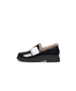 Jady Rose New In Shoes JadyRose | Faux Fur Lined Side Square Buckle Leather Loafer