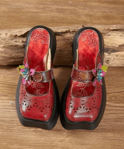 JF SOFFIA | FLORAL PERFORATED RED LEATHER CLOG NEW ARRIVALS