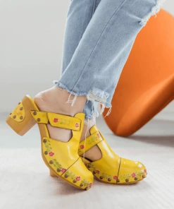 SOFFIA | FLORAL EMBOSSED YELLOW GENUINE LEATHER CLOG NEW ARRIVALS
