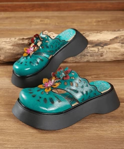 JF SOFFIA | GEOMETRY PERFORATED TEAL LEATHER MULE