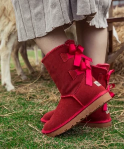XH NEW ARRIVALS SMAIBULUN UGG™ | Double-Bow Back Ribbon Suede Boots - Crimson