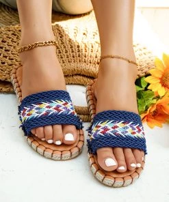 HT EN BLOOM | EMBROIDERED WOVEN SLIDES NAVY NEW ARRIVALS