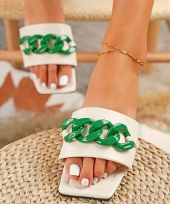 HT Beige Bold Chain-Accent Sandals Slide Shoes - En Bloom New In Shoes