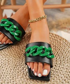 HT New In Shoes Black Bold Chain-Accent Slides Flat Sandals - En Bloom