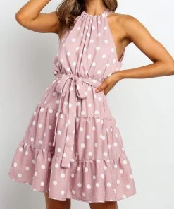 BBYS Polka Dot Tie-Waist Halter Dress - Pink