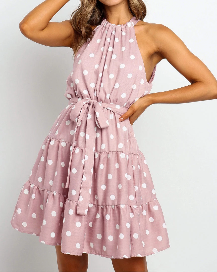 BBYS Polka Dot Tie-Waist Halter Dress - Pink 2 BBYS Polka Dot Tie-Waist Halter Dress - Pink