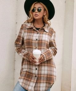 YBL Smaibulun | Gingham Button-Up Shirt Jacket - Brown 10 YBL Smaibulun | Gingham Button-Up Shirt Jacket - Brown