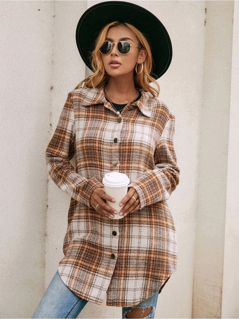 YBL Smaibulun | Gingham Button-Up Shirt Jacket - Brown 5 YBL Smaibulun | Gingham Button-Up Shirt Jacket - Brown