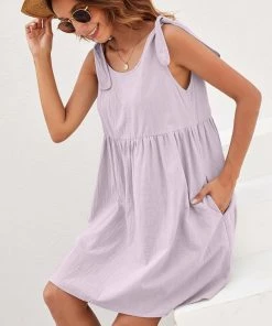 BBYS New In Clothing Tie-Bow Strap Side Pocket Linen Shift Dress - Mauve 7 BBYS New In Clothing Tie-Bow Strap Side Pocket Linen Shift Dress - Mauve