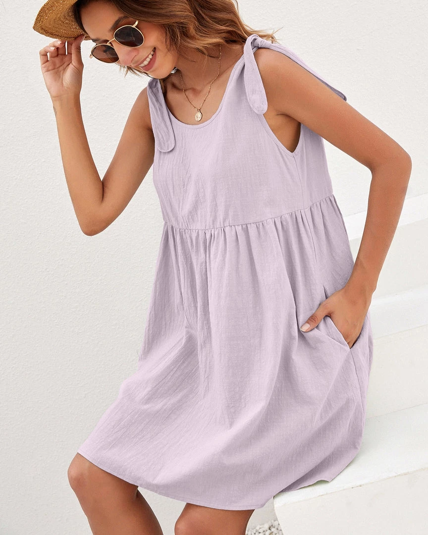 BBYS New In Clothing Tie-Bow Strap Side Pocket Linen Shift Dress - Mauve 3 BBYS New In Clothing Tie-Bow Strap Side Pocket Linen Shift Dress - Mauve