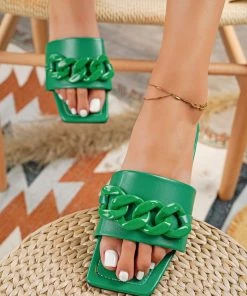HT Green Bold Chain-Accent Sandals Slides - En Bloom