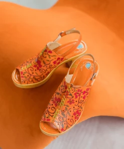 SOFFIA | ORANGE FLORAL EMBOSSED PERFORATED LEATHER SANDAL