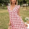 YBL New In Clothing Smaibulun | V-Neck Plaid Ruffle Sleeveless Mini Dress