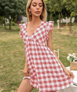 YBL New In Clothing Smaibulun | V-Neck Plaid Ruffle Sleeveless Mini Dress