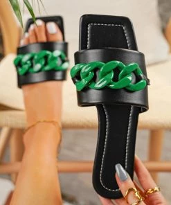 HT New In Shoes Black Bold Chain-Accent Slides Flat Sandals - En Bloom