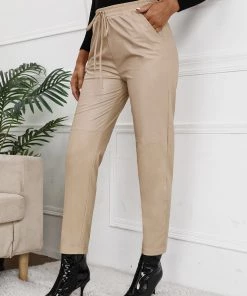 YBL Smaibulun | Pocket Drawstring Faux-Leather Straight Leg Pants New In Clothing