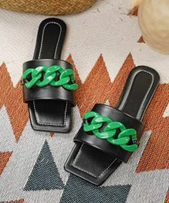 HT New In Shoes Black Bold Chain-Accent Slides Flat Sandals - En Bloom