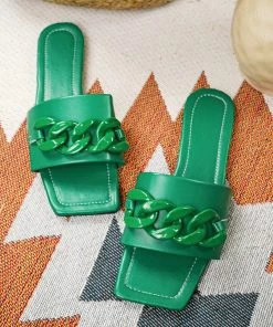 HT Green Bold Chain-Accent Sandals Slides - En Bloom