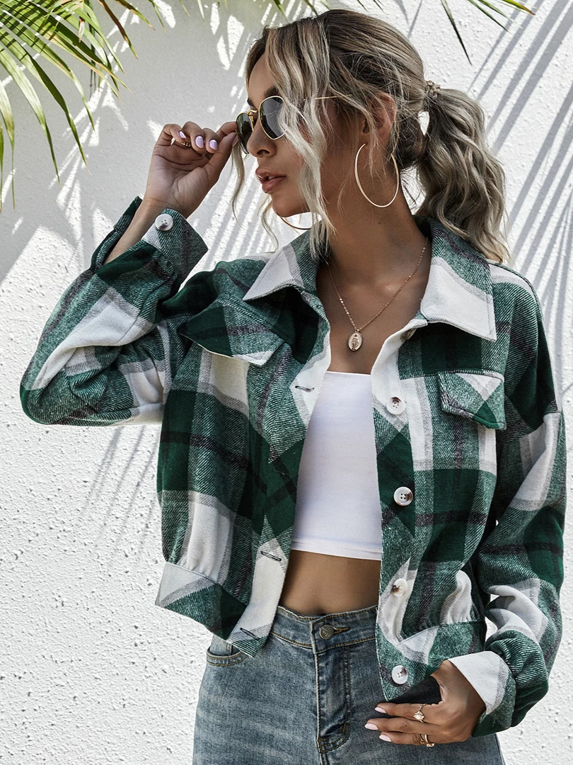 YBL Smaibulun | Green & White Plaid Snap Button-Up Short Jacket New In Clothing 2 YBL Smaibulun | Green & White Plaid Snap Button-Up Short Jacket New In Clothing