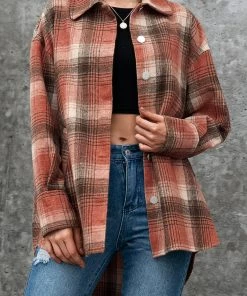 YBL Smaibulun | Rust Plaid Side-Pocket Button-Up Shirt New In Clothing