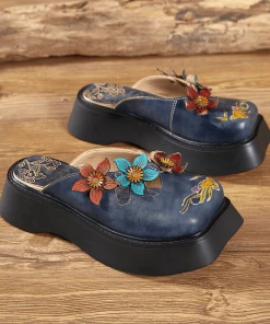 JF SOFFIA | BLOOMING EMBOSSED NAVY LEATHER CLOG NEW ARRIVALS