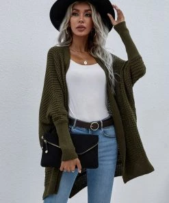 MY Smaibulun | Batwing-Sleeve Open Knit Cardigan - Olive New In Clothing