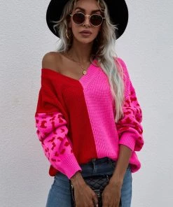 MY Smaibulun | Color-Block Lantern Sleeve Sweater - Fuchisa Leopard