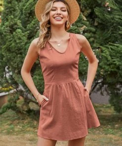 BBYS Pocket Sleeveless Linen Open Back Dress - Brick New In Clothing