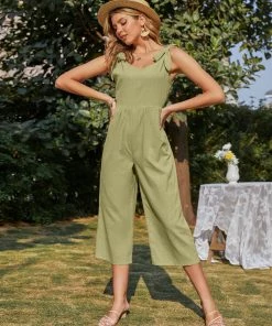 BBYS Tie-Bow Strap Sleeveless Linen Jumpsuit - Green