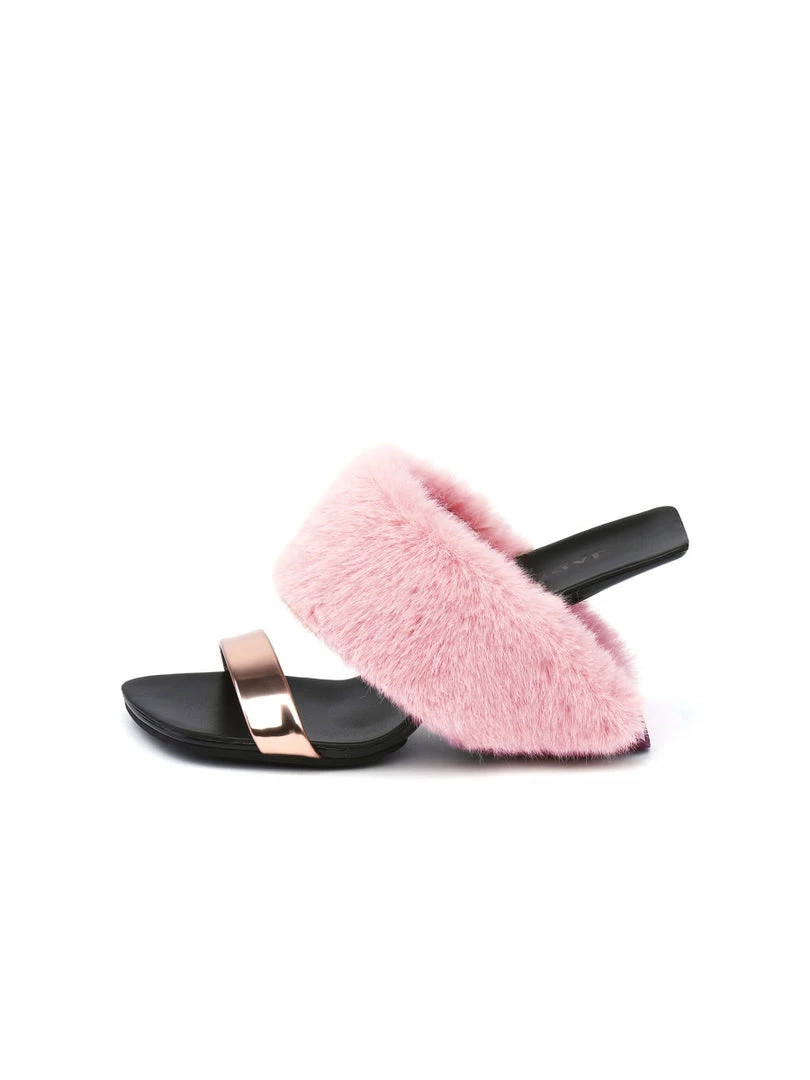 Jady Rose JadyRose | Faux Fur Strap Leather Wedge Sandal - Baby Pink 3 Jady Rose JadyRose | Faux Fur Strap Leather Wedge Sandal - Baby Pink