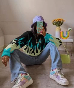 MY New In Clothing Smaibulun | Green Yellow Flame Black Knit Sweater