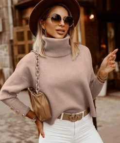 MY Smaibulun | Beige Oversized Collar Turtleneck Knit Sweater