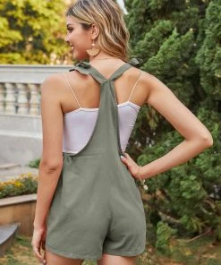 BBYS Bow Strap Front Pockets Linen Overalls - Khaki Grey New In Clothing 9 BBYS Bow Strap Front Pockets Linen Overalls - Khaki Grey New In Clothing