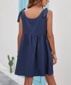 BBYS Tie-Bow Strap Side Pocket Linen Shift Dress - Navy New In Clothing